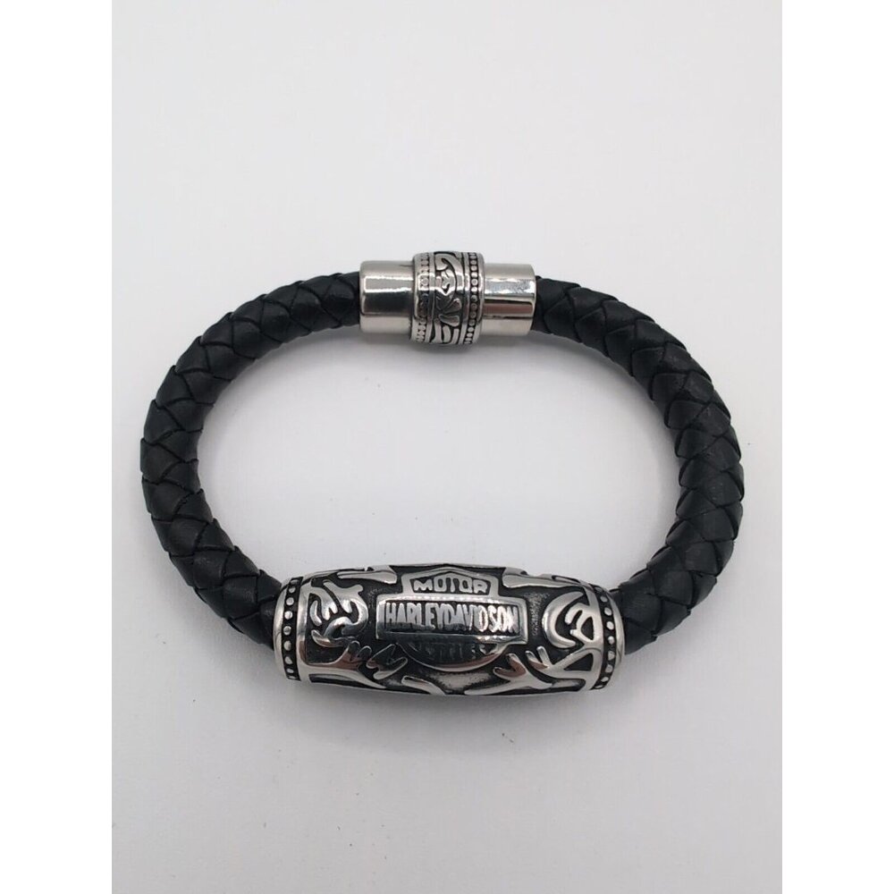 Harley-Davidson Silver Tone Stainless Steel Black Leather Wrist Band Bracelet